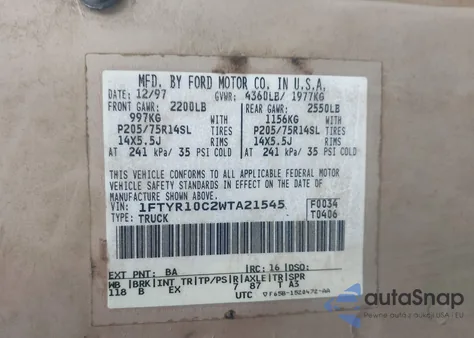 1998 Ford Ranger Splash/Xl/Xlt z USA, uszkodzony, nr VIN 1FTYR10C2WTA21545